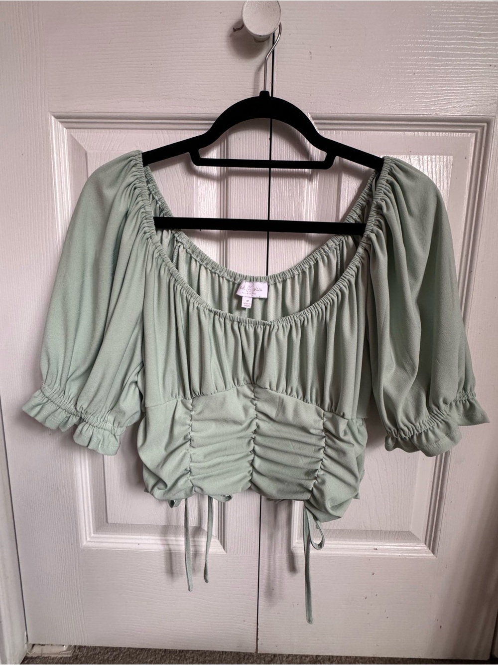 Sage Green Ruched Peasant Crop Top